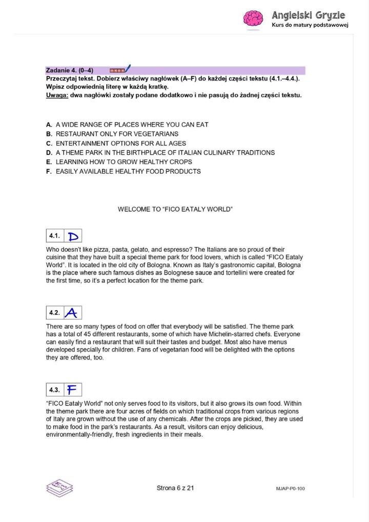 Fragment arkusza maturalnego z języka angielskiego – zadanie na rozumienie tekstu czytanego z pytaniami wielokrotnego wyboru.