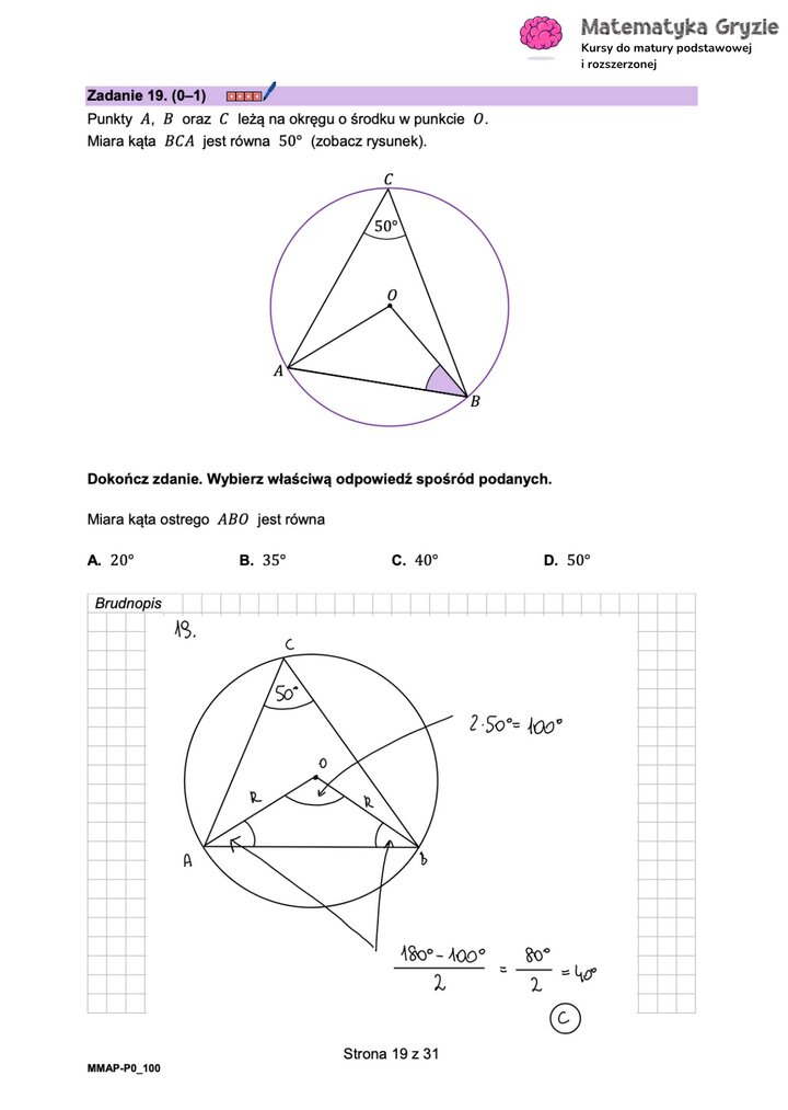 Zadanie maturalne z matematyki (19) z rozwiązaniem zadania z geometrii analitycznej, dotyczącego kątów w okręgu.