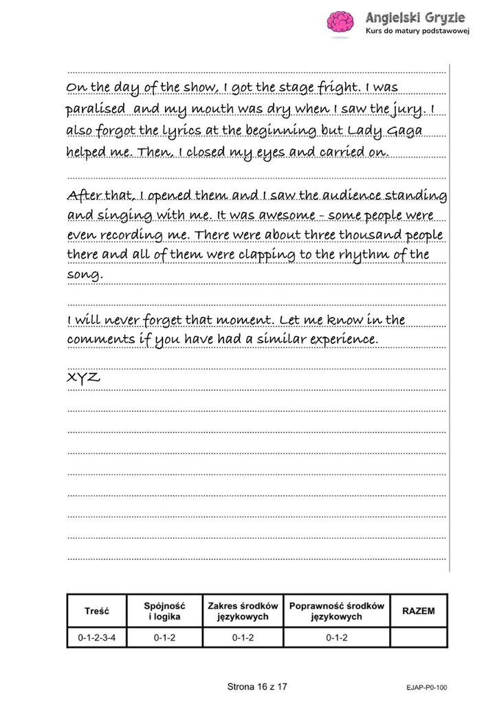 Fragment arkusza maturalnego z języka angielskiego – wybrana wypowiedź pisemna. 