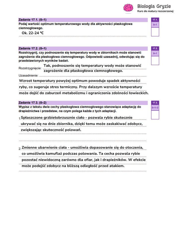 Odpowiedzi do zadania maturalnego z biologii (17.1-17.3) na podstawie danych o płaskogłowie, dotyczące optimum termicznego i adaptacji do drapieżnictwa.