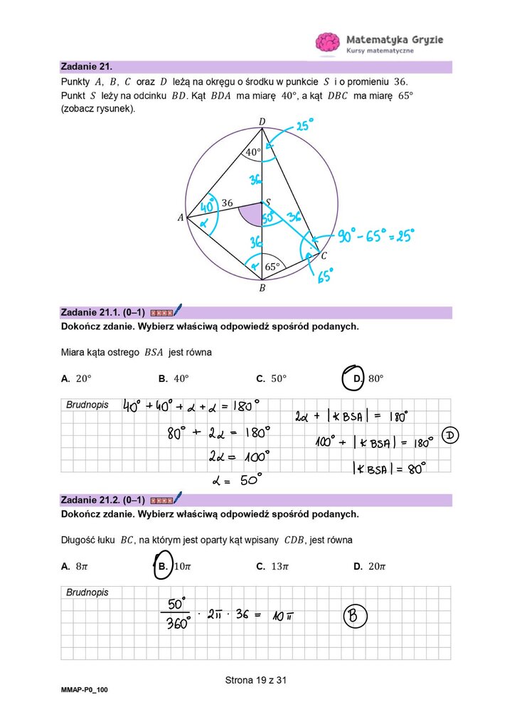 Zadanie z matematyki z użyciem własności kątów w okręgu i długości łuku.