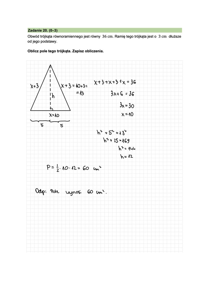 Fragment arkusza do egzaminu ósmoklasisty z matematyki - zadanie z geometrii, obliczanie pola trójkąta równoramiennego.