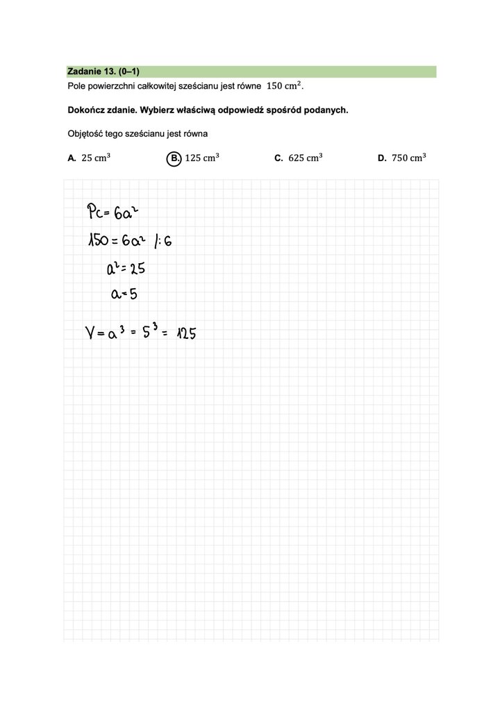 Fragment arkusza do egzaminu ósmoklasisty z matematyki - zadanie z geometrii, obliczanie objętości bryły.