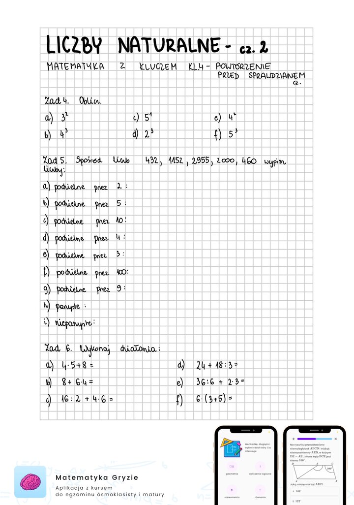 Zadania na sprawdzian matematyka z kluczem klasa 4 - liczby naturalne cz.2
