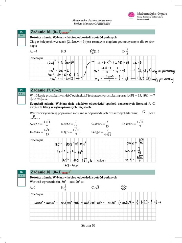 Zdjęcie kartki papieru z odręcznymi rozwiązaniami zadań z próbnego egzaminu maturalnego z matematyki Operon (poziom podstawowy). Widoczne wzory, obliczenia i zaznaczone wyniki.
