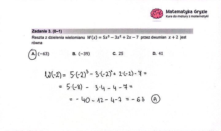 Fragment arkusza maturalnego z matematyki rozszerzonej - zadanie z wyznaczania reszty wielomianu.