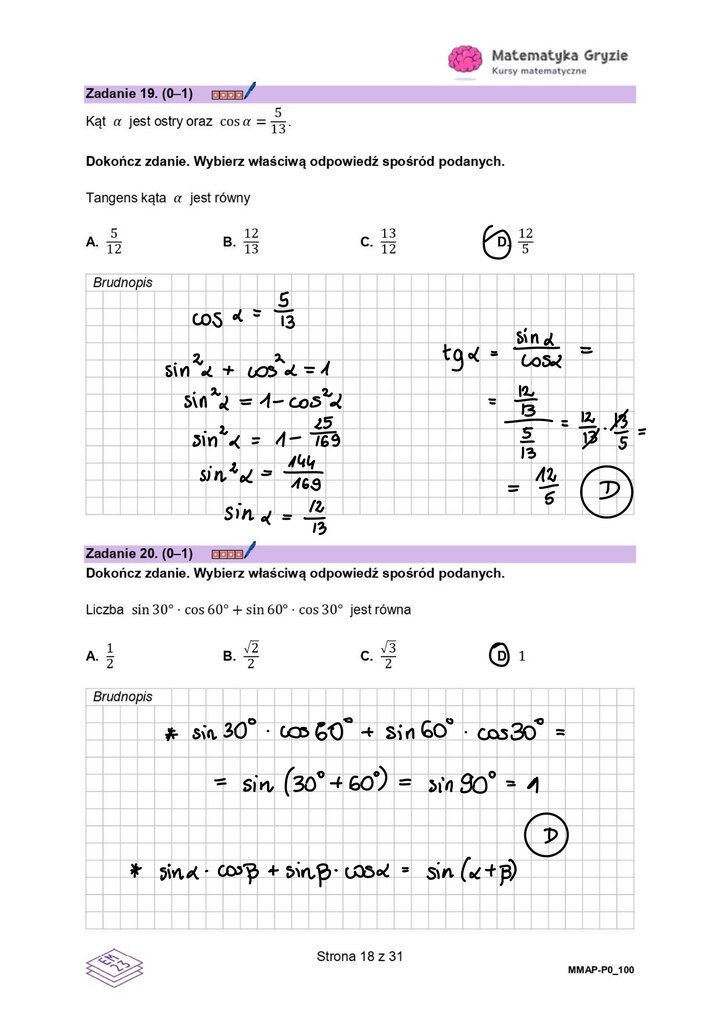 Zadanie z matematyki z użyciem własności trygonometrycznych, obliczanie funkcji trygonometrycznej. 