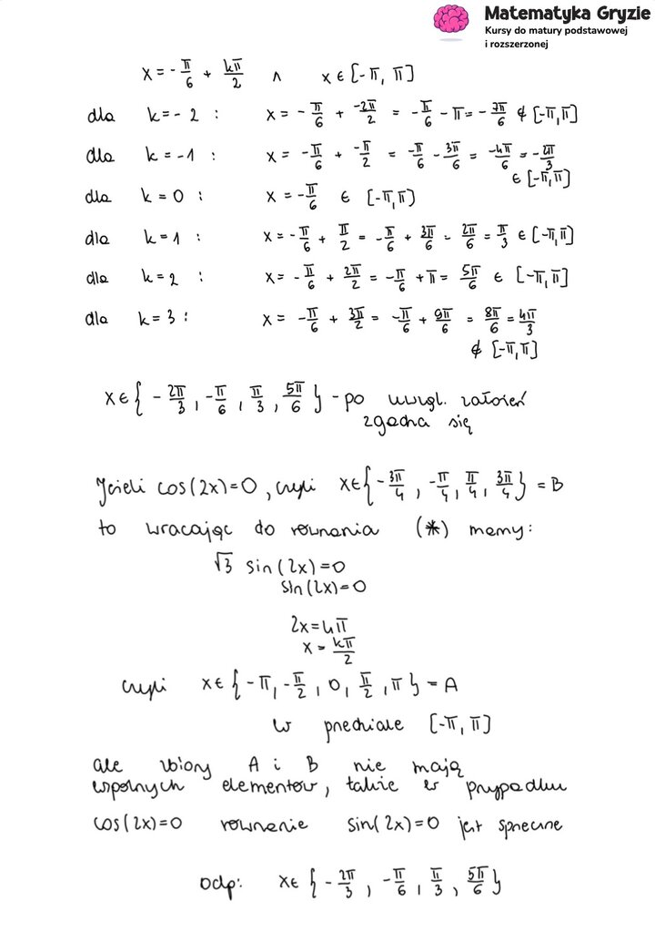 Fragment arkusza maturalnego z matematyki rozszerzonej - zadanie z rozwiązywania równania trygonometrycznego.