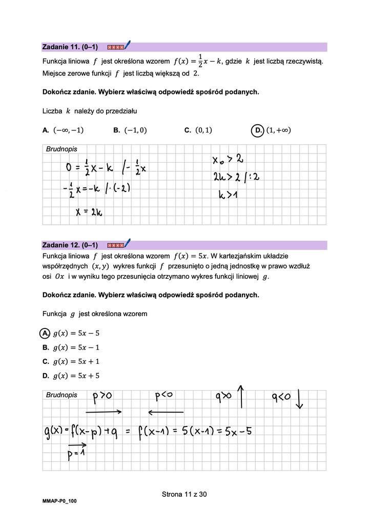 Fragment arkusza maturalnego z matematyki podstawowej - zadanie z funkcji liniowej, przesunięcie wykresu funkcji.