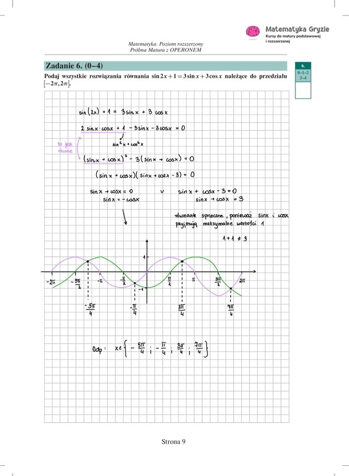 Zdjęcie kartki papieru z odręcznymi rozwiązaniami zadań z próbnego egzaminu maturalnego z matematyki Operon (poziom rozszerzony). Widoczne wzory, obliczenia i zaznaczone wyniki.