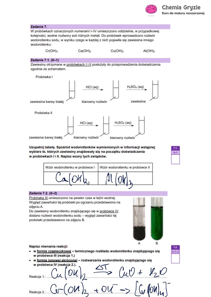 Zadanie maturalne z chemii (7) ze schematem doświadczenia badającego właściwości amfoteryczne wodorotlenków, np. Al(OH)₃.