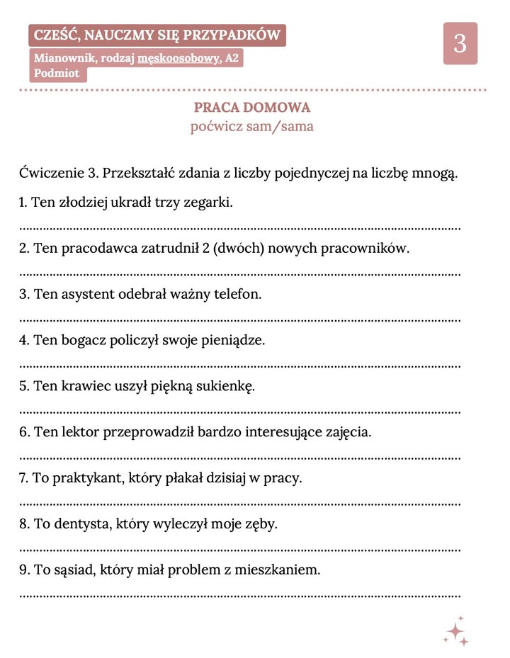Trzecia strona ćwiczeń językowych dotycząca mianownika liczby mnogiej, zawierająca zdania z profesjami takimi jak złodziej, pracodawca, bogacz czy lektor.