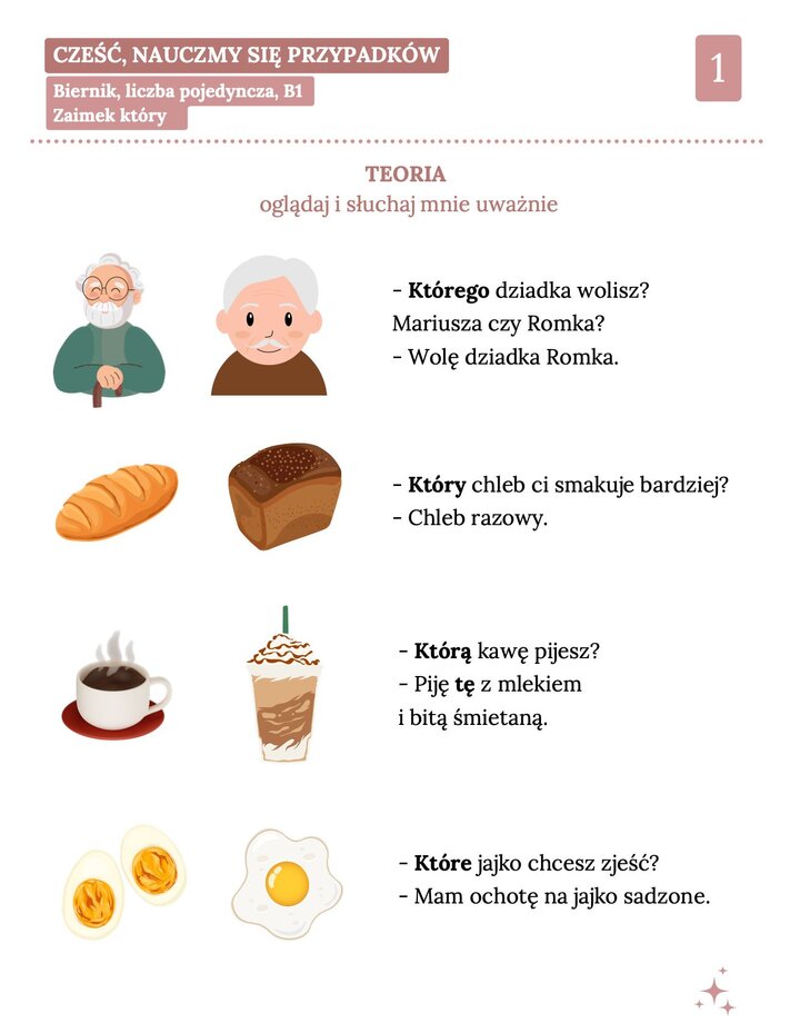 Ilustrowana karta z teorii gramatycznej (poziom B1) o bierniku zaimka "który". Przedstawia rysunkowe postacie dwóch starszych mężczyzn w okularach oraz przykłady pytań o wybór dziadka, chleba, kawy i jajka.