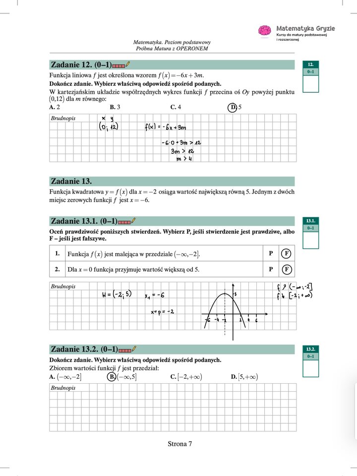 Zdjęcie kartki papieru z odręcznymi rozwiązaniami zadań z próbnego egzaminu maturalnego z matematyki Operon (poziom podstawowy). Widoczne wzory, obliczenia i zaznaczone wyniki.