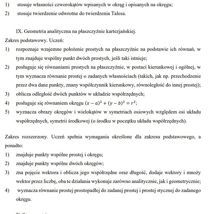 Wymagania edukacyjne na egzamin maturalny z matematyki - zagadnienia z działów.
