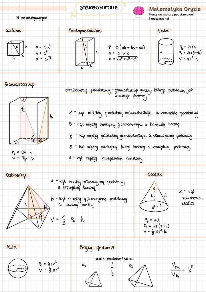 Notatka stereometria najważniejsze informacje i wzory do matury z matematyki.