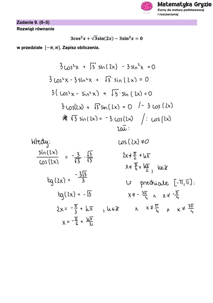 Fragment arkusza maturalnego z matematyki rozszerzonej - zadanie z rozwiązywania równania trygonometrycznego.