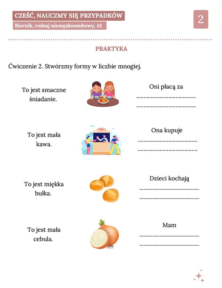 Druga strona praktycznych zadań z gramatyki polskiej. Ilustracje przedstawiają dzieci jedzące śniadanie, stoisko z kawą, bułki oraz cebulę. Ćwiczenia skupiają się na użyciu biernika w kontekście zakupów i jedzenia.