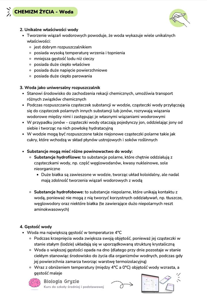 Unikalne właściwości wody rozpuszczalnik hydrofilowe hydrofobowe gęstość powłoka hydratacyjna biologia notatki