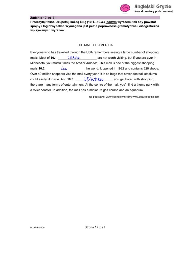 Fragment arkusza maturalnego z języka angielskiego – zadanie z brakującymi słowami, do uzupełnienia samodzielnie.