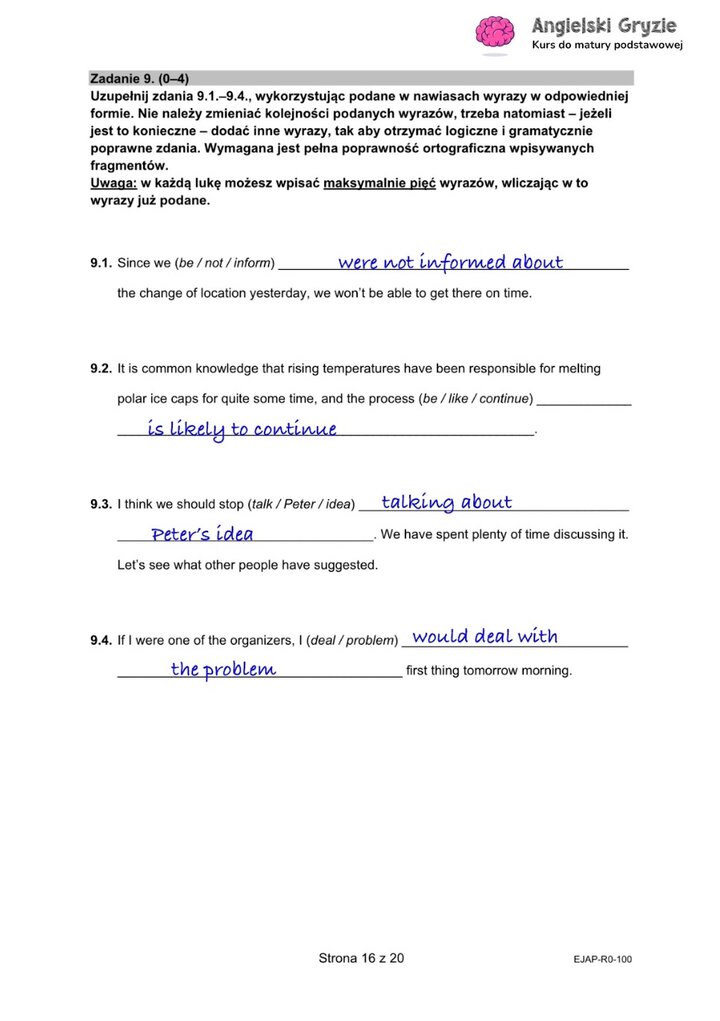 Fragment arkusza maturalnego z języka angielskiego – zadanie z gramatyki do uzupełnienia samodzielnie.