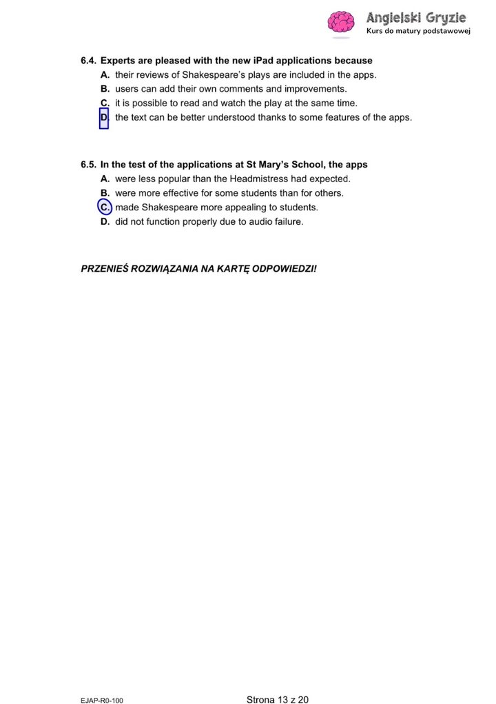 Fragment arkusza maturalnego z języka angielskiego – zadanie na rozumienie tekstu czytanego z pytaniami wielokrotnego wyboru.