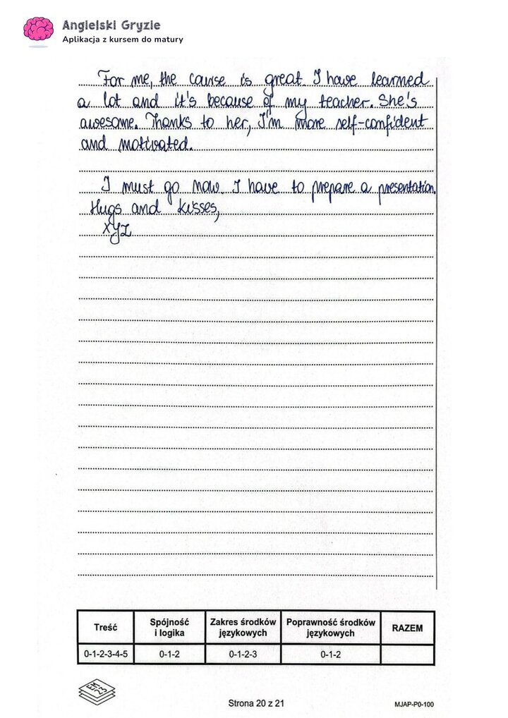 Fragment arkusza maturalnego z języka angielskiego – wybrana wypowiedź pisemna. 