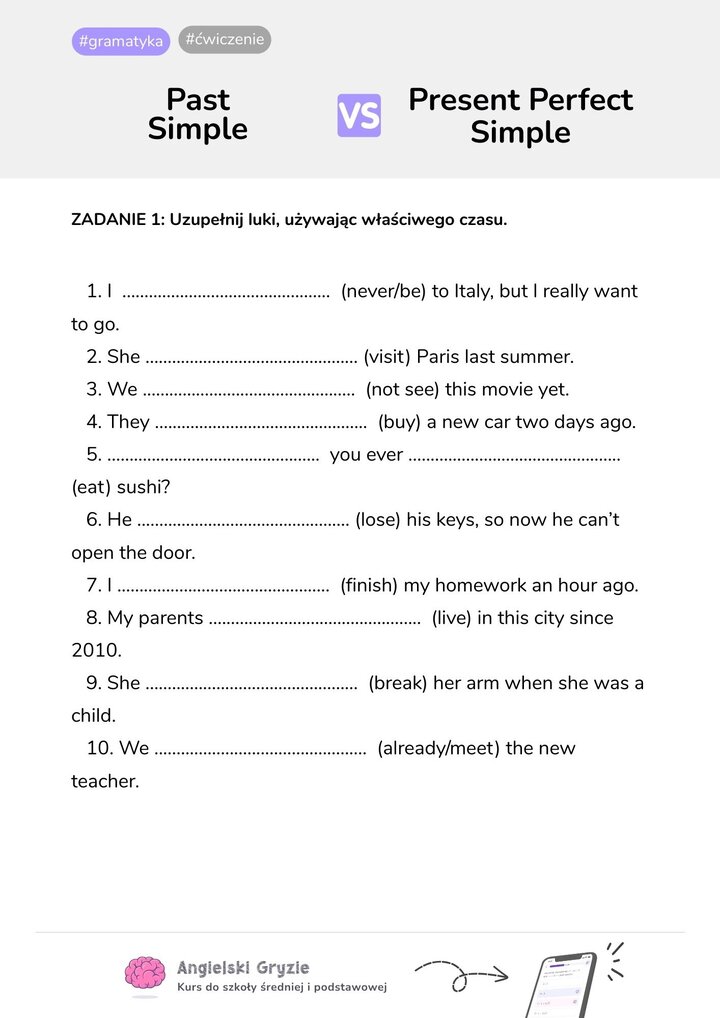 Ćwiczenie gramatyczne z języka angielskiego. Zadanie polega na uzupełnieniu luk w zdaniach odpowiednimi formami czasowników w czasie Past Simple (np. yesterday, last summer) lub Present Perfect Simple (np. ever, never, yet).