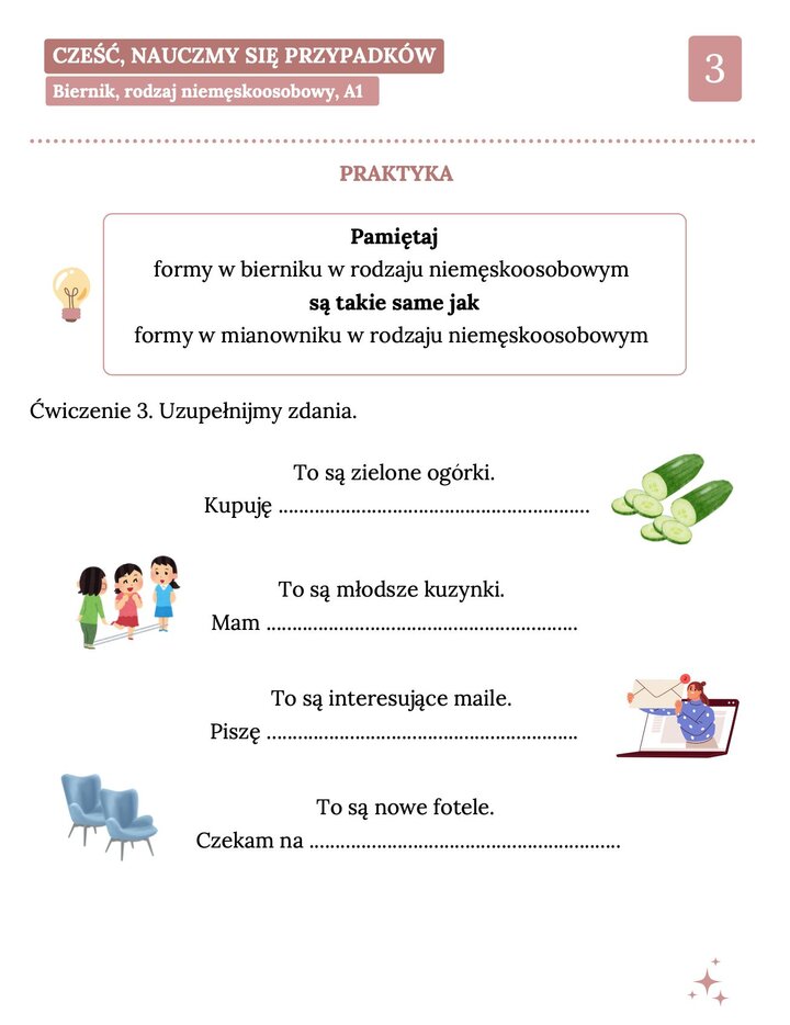 Trzecia strona materiałów edukacyjnych z przypomnieniem zasady, że biernik rodzaju niemęskoosobowego jest równy mianownikowi. Na obrazkach widać ogórki oraz dziewczynki bawiące się skakanką. Zadania polegają na przekształcaniu zdań opisowych na zdania z czasownikami "kupuję", "mam", "piszę" i "czekam na".