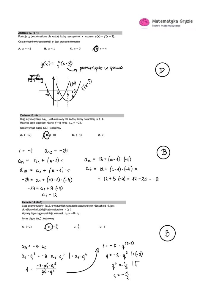 Zadania z matematyki z wykresem funkcji oraz ciągiem arytmetycznym i geometrycznym.