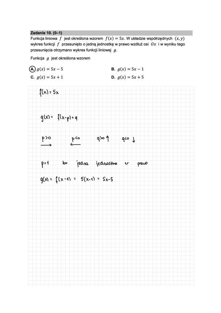 Fragment arkusza maturalnego  z matematyki podstawowej - zadanie z przesunięciem wykresu funkcji.