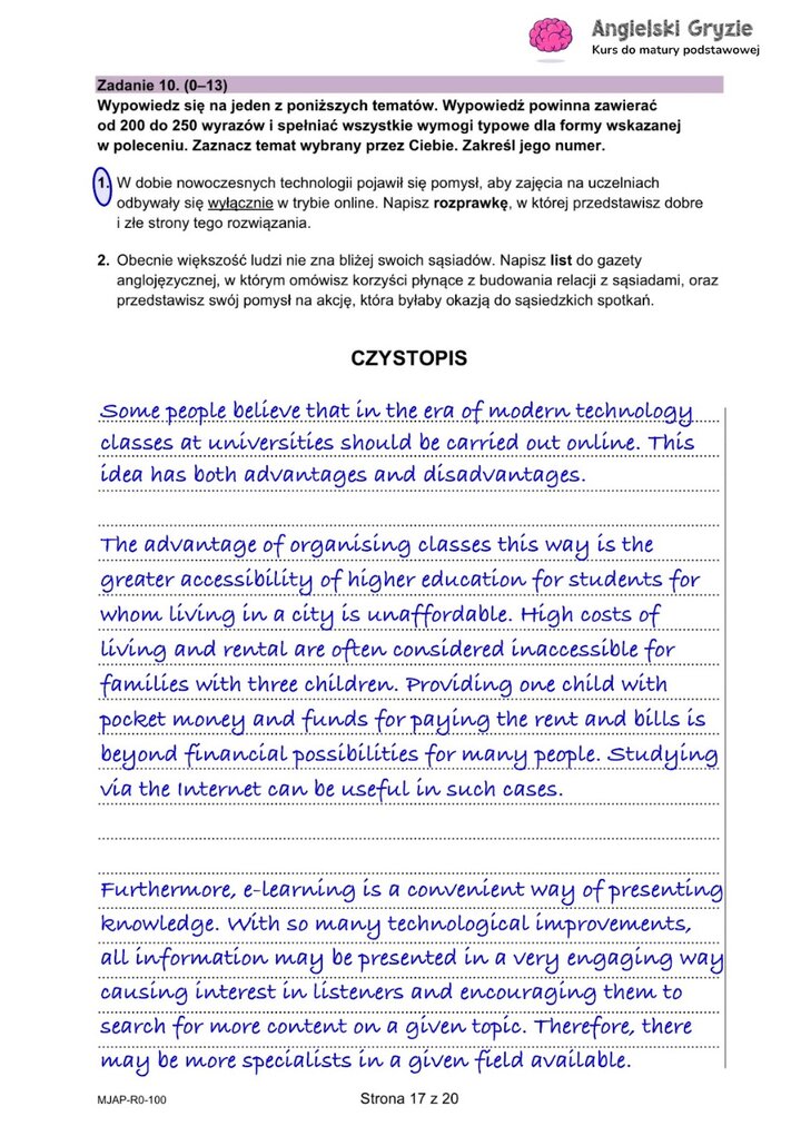 Fragment arkusza maturalnego z języka angielskiego – wybrana wypowiedź pisemna. 