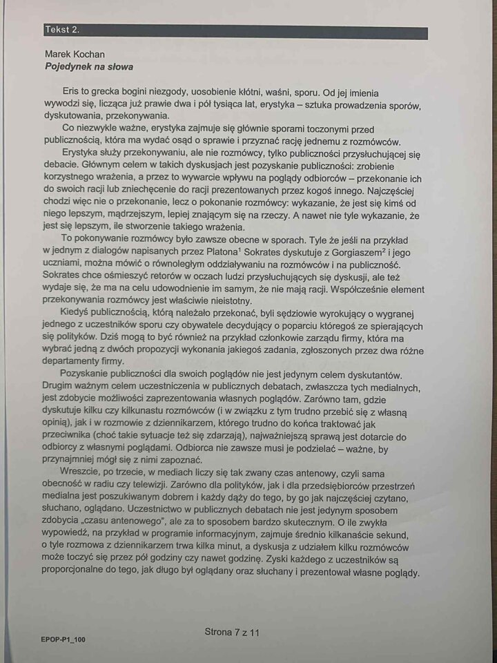 Fragment arkusza egzaminacyjnego z języka polskiego – tekst do przeczytania.