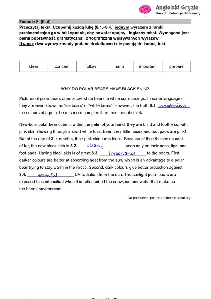 Fragment arkusza maturalnego z języka angielskiego – zadanie z brakującymi słowami, do uzupełnienia samodzielnie.