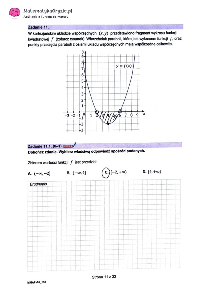 Fragment arkusza maturalnego z matematyki podstawowej - wyznaczanie zbioru wartości funkcji na podstawie układu równań. 