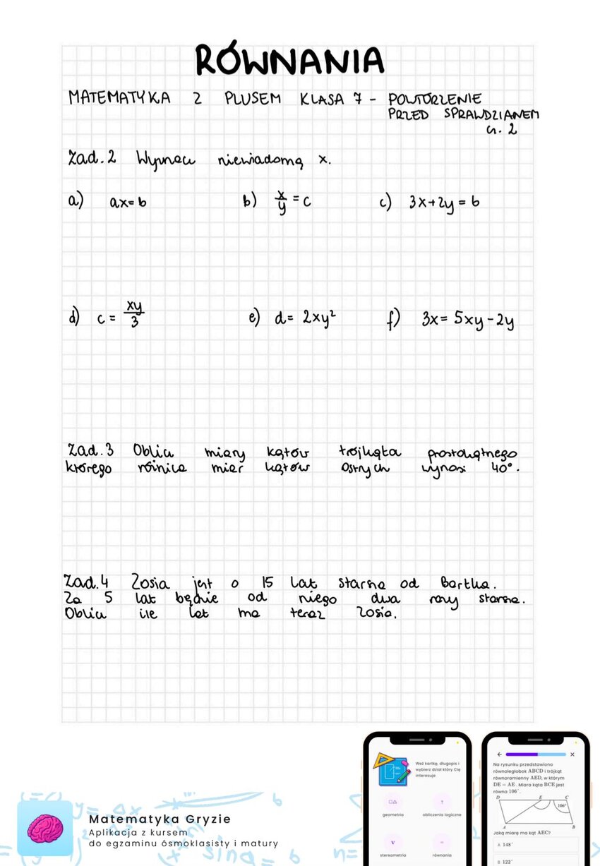 Zadania na sprawdzian GWO matematyka z plusem klasa 7 - równania