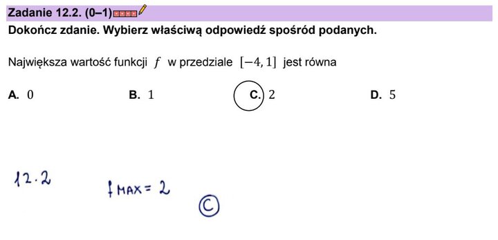 Fragment arkusza maturalnego z matematyki – zadania zamknięte z wyznaczania największej wartości funkcji