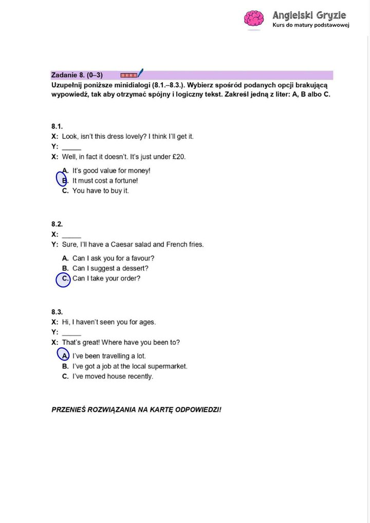 Fragment arkusza maturalnego z języka angielskiego – zadanie z gramatyki z pytaniami wielokrotnego wyboru.