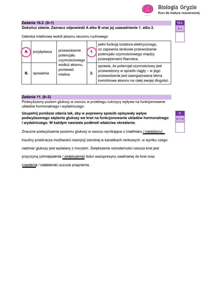 Odpowiedzi do zadania maturalnego z biologii (10.2-11) dotyczące funkcji osłonki mielinowej oraz wpływu cukrzycy na układ hormonalny i wydalniczy.