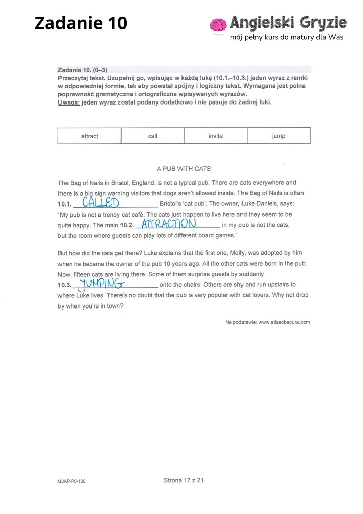 Fragment arkusza maturalnego z języka angielskiego – zadanie z brakującymi słowami, do uzupełnienia samodzielnie.