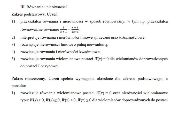 Wymagania edukacyjne na egzamin maturalny z matematyki - zagadnienia z działów.