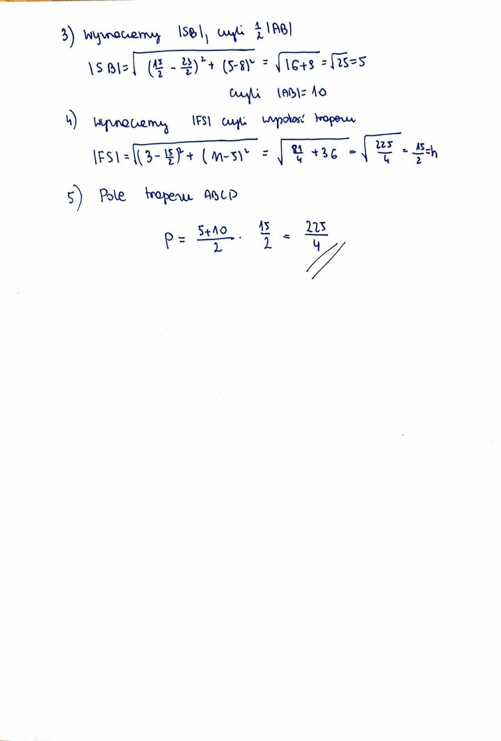 Zadanie z matury z matematyki (36) z rozwiązaniem zadania z geometrii analitycznej, polegającego na obliczeniu współrzędnych wierzchołka i pola trapezu równoramiennego.