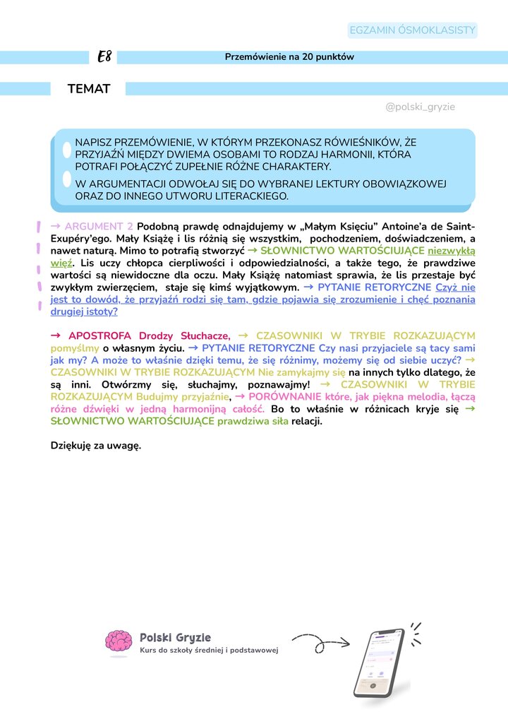 Notatka skupiona na środkach stylistycznych, takich jak słownictwo wartościujące i tryb rozkazujący, oraz na zasadach poprawnego formułowania zakończenia przemówienia.
