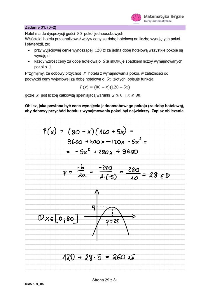 Zadanie otwarte z matematyki  z użyciem własności funkcji kwadratowej. 