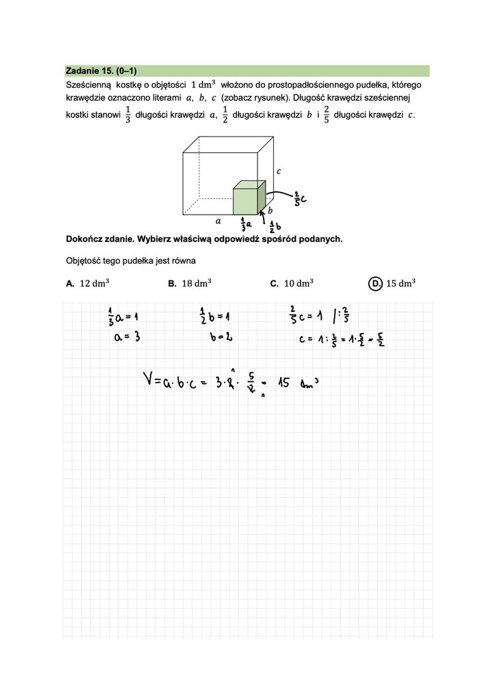 Fragment arkusza do egzaminu ósmoklasisty z matematyki - zadanie na obliczanie objętości bryły.