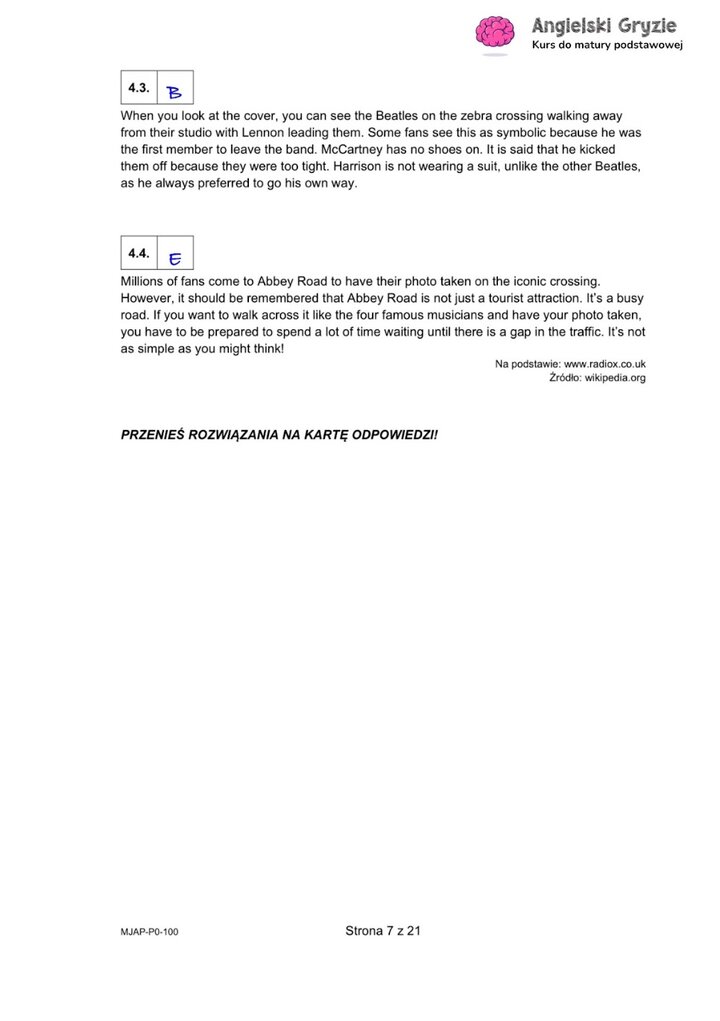 Fragment arkusza maturalnego z języka angielskiego – zadanie na dopasowywanie tekstów do odpowiednich akapitów.