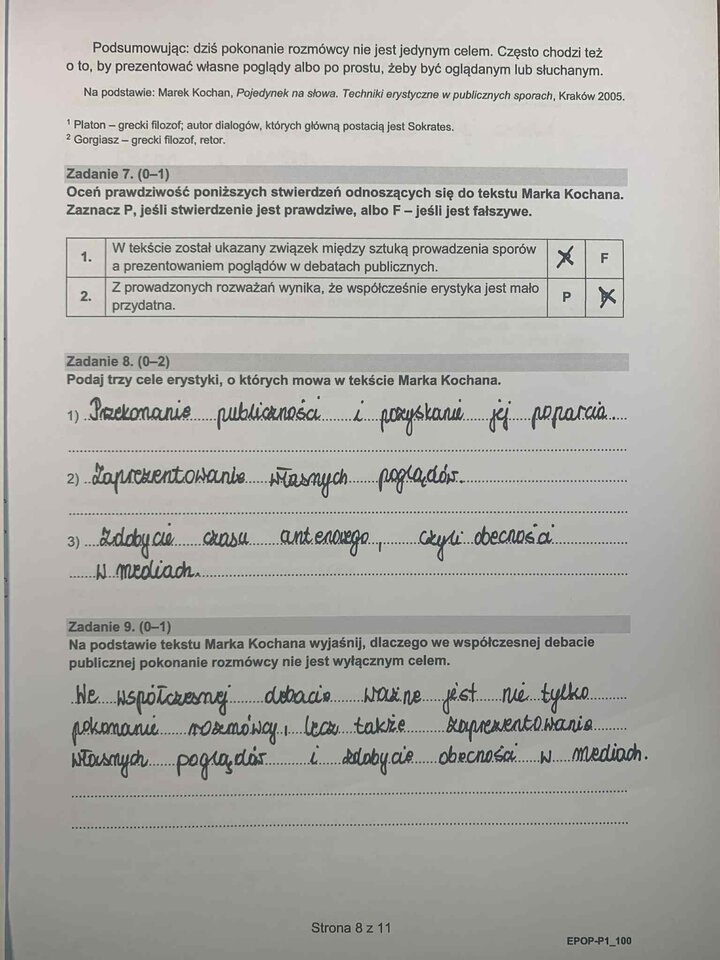 Fragment arkusza egzaminacyjnego z języka polskiego – pytania dotyczące przeczytanego tekstu.