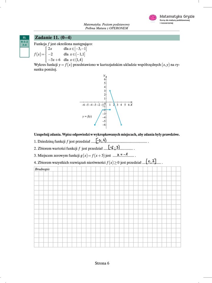 Zdjęcie kartki papieru z odręcznymi rozwiązaniami zadań z próbnego egzaminu maturalnego z matematyki Operon (poziom podstawowy). Widoczne wzory, obliczenia i zaznaczone wyniki.