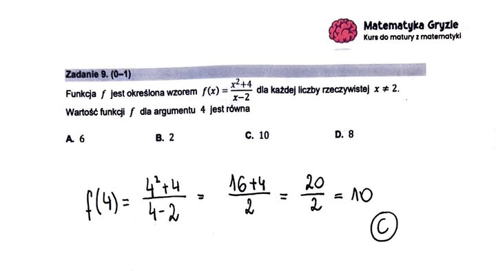 Zadanie z matury podstawowej z matematyki (9) z rozwiązanym zadaniem na obliczanie wartości funkcji wymiernej dla podanego argumentu.