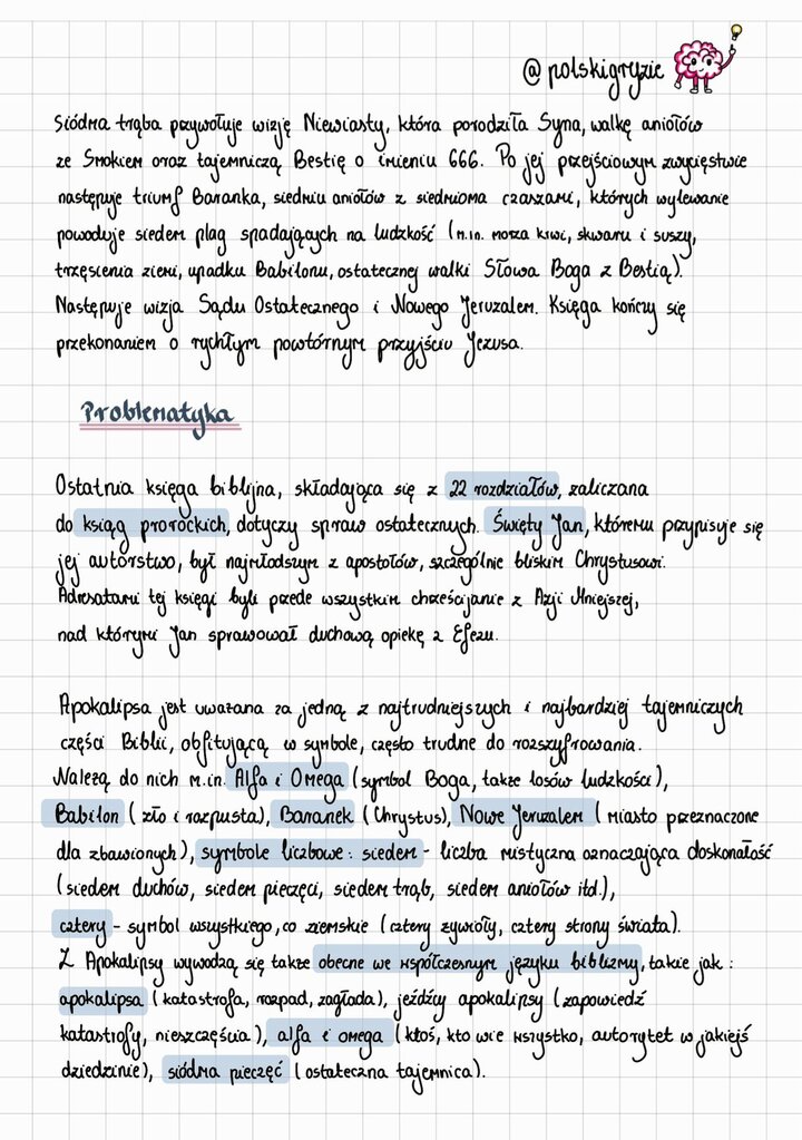 Szczegółowa analiza Apokalipsy św. Jana, omawiająca dalsze wizje: walka aniołów ze Smokiem, tajemnicza Bestia 666, Sąd Ostateczny i Nowe Jeruzalem. Tabela symboli i ich znaczeń (Alfa i Omega, Baranek, Babilon, liczba siedem, liczba cztery) oraz lista biblizmów obecnych we współczesnym języku (apokalipsa, jeźdźcy apokalipsy).